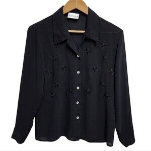 Vintage Award Blouse Women M Black Polyester Floral Embroidered Button Up Sheer